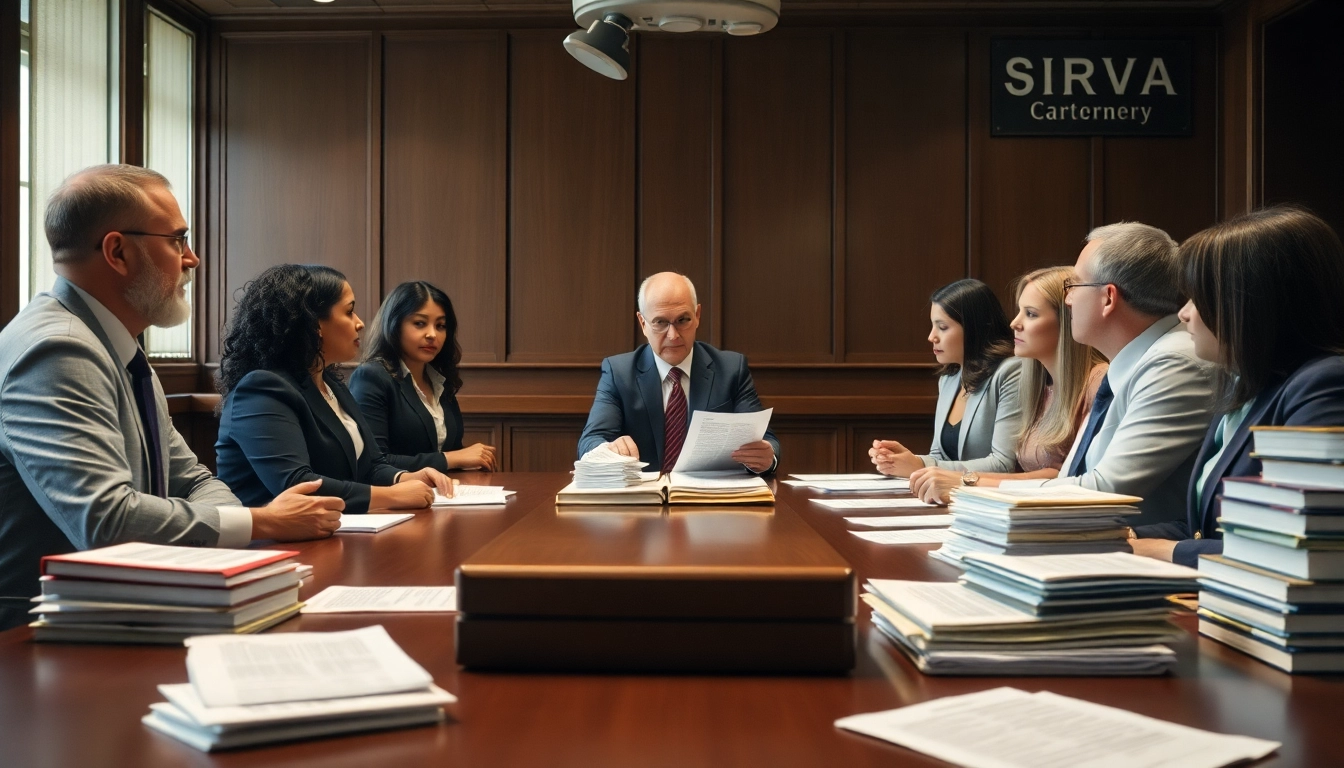 SIRVA injury attorneys engaged in a serious discussion at a conference table filled with legal documents.