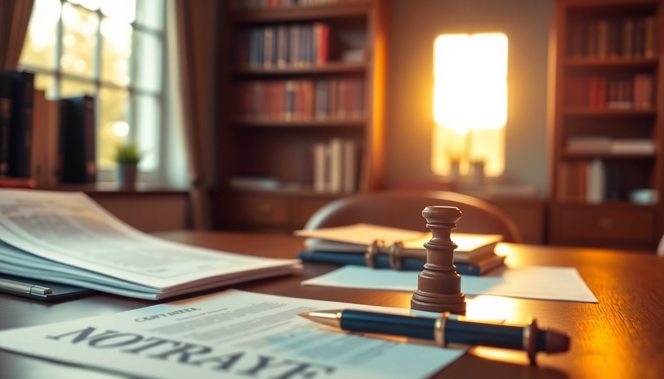 Providing notary services in a professional office setting with organized documents and tools.