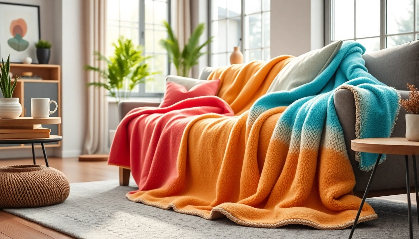 Fleece dekens tonen zachte texturen en warme kleuren in een stijlvolle woonkamer.