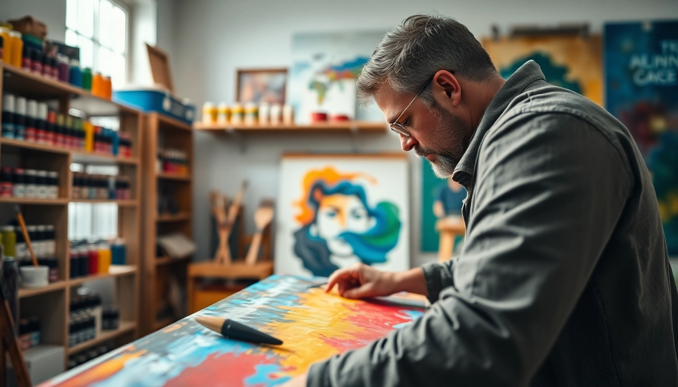 Schilder op een groot canvas in een lichte studio, met levendige kleuren en een creatieve sfeer.