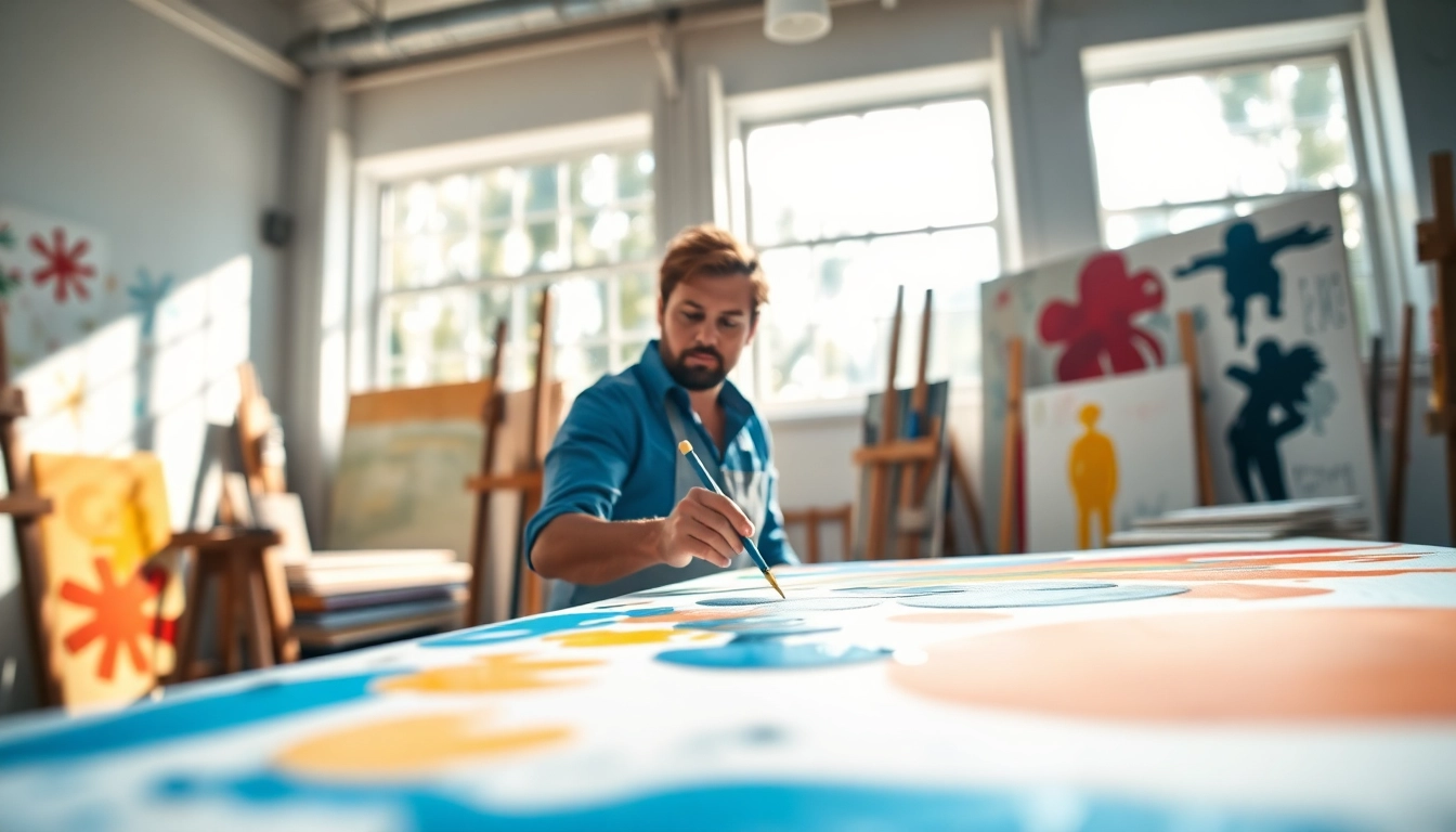 Een kunstenares schildert op een canvas in een lichte studio vol kleur en creativiteit.