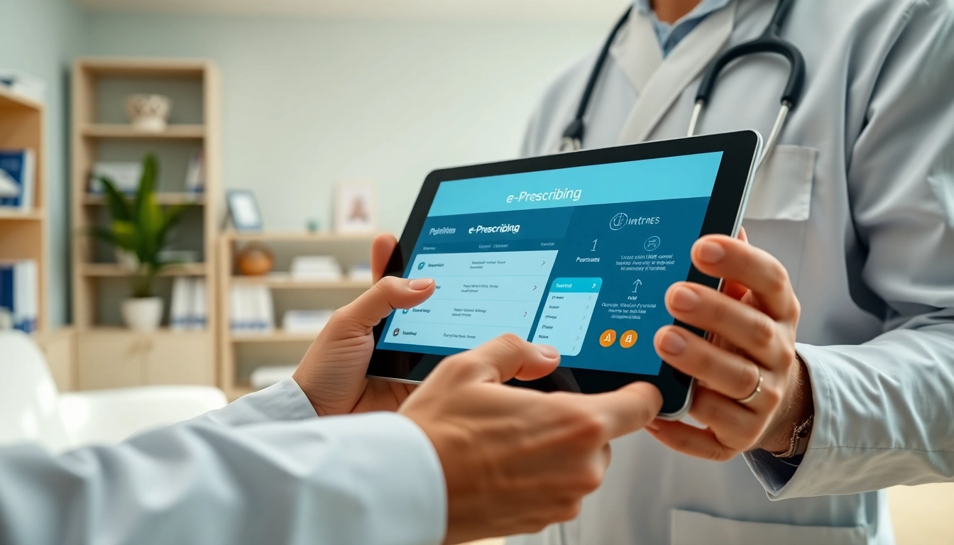 Healthcare practitioner engaging with best eprescription apps on a tablet in a clinic environment.