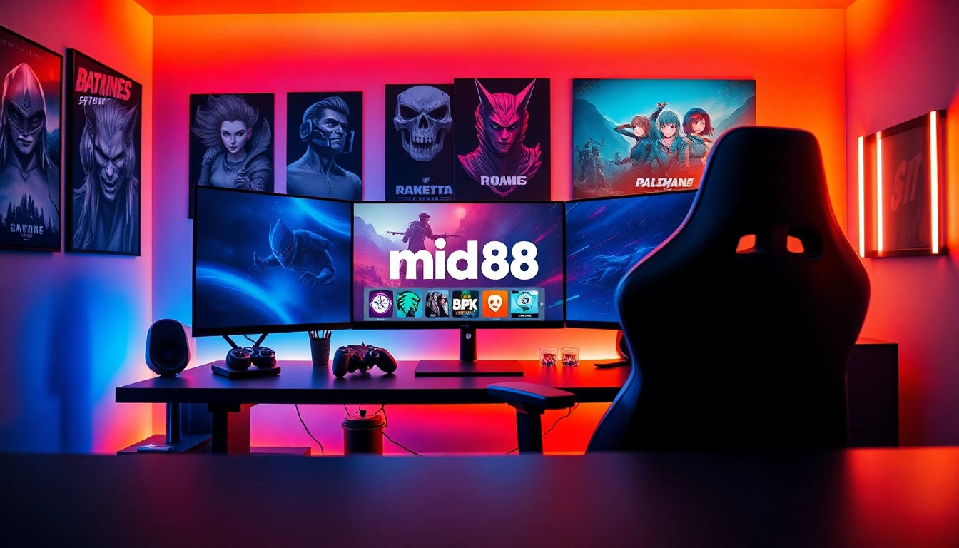 Players engaging with mild88 on a professional gaming setup, showcasing vibrant and energetic decor.