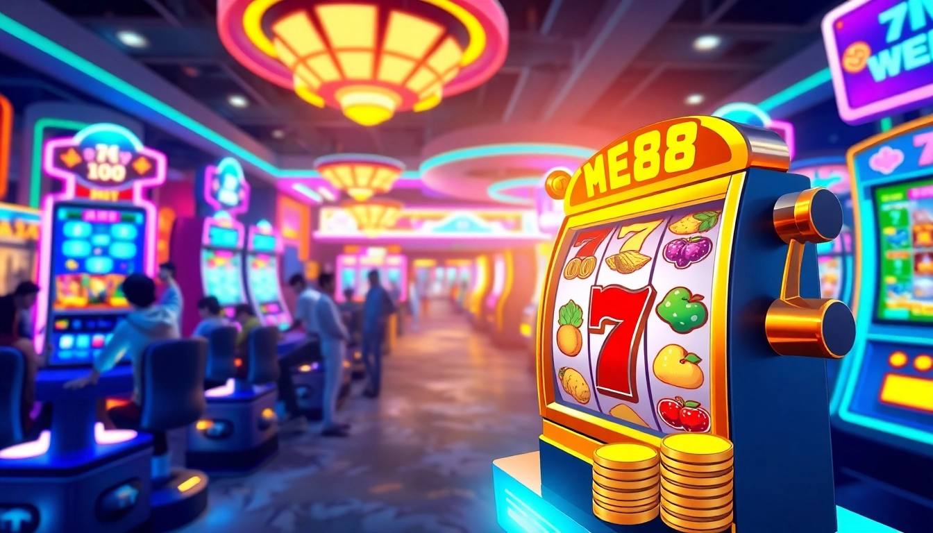 Mainkan mild88 slot di mesin slot berwarna-warni yang dikelilingi oleh pemain bersenang-senang.