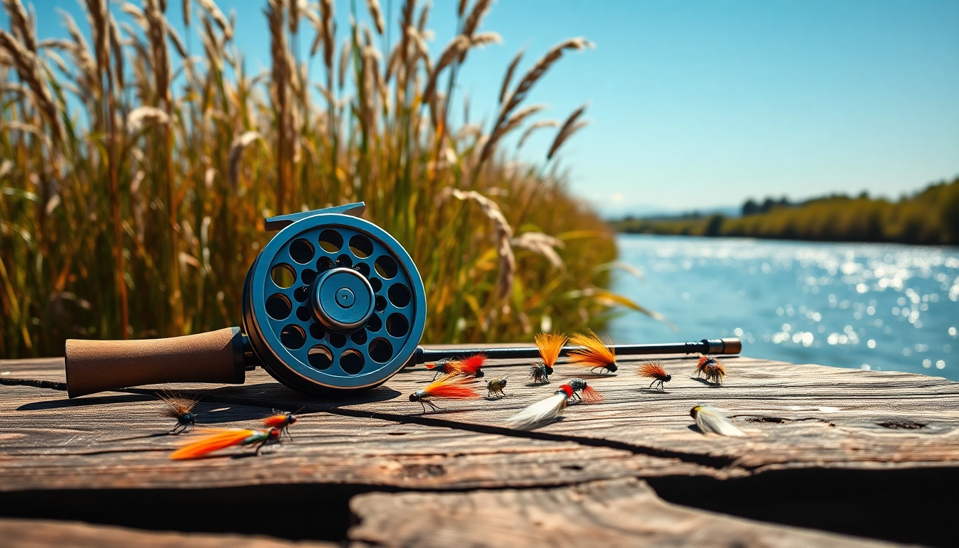 Fly fishing combo showcased elegantly on a rustic table near a serene river.