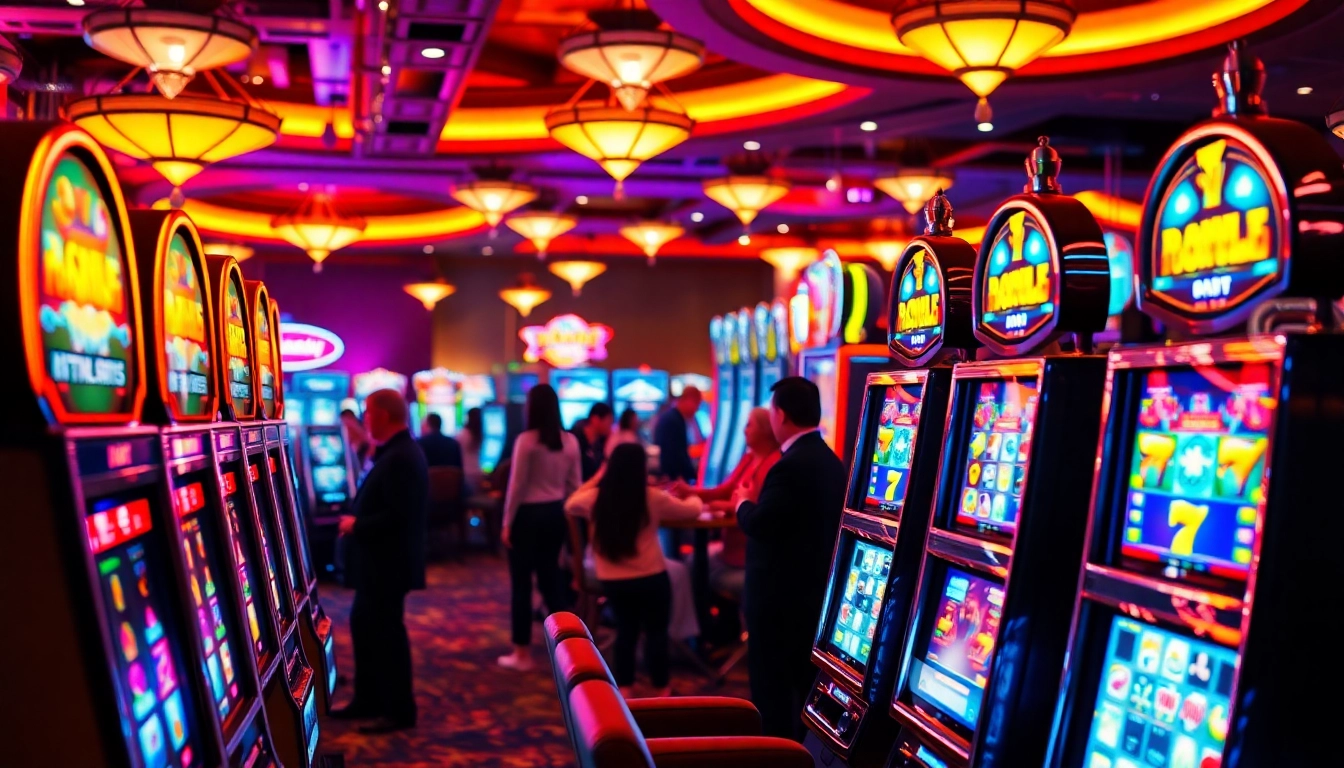 Menggambarkan pengalaman qqmacan slot dengan mesin slot yang cerah dan penuh warna di kasino.