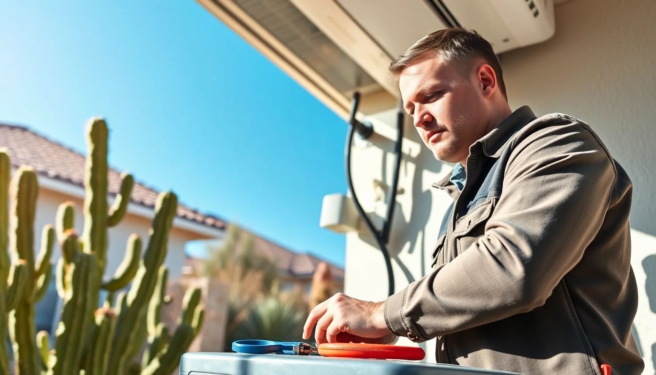 Expert technician performing ac repair phoenix az while surrounded by Phoenix's vibrant desert landscape.