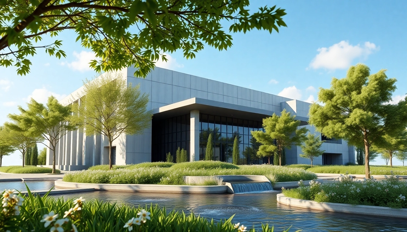 Beleuchten Sie architektur visualisierung mit einer modernen 3D-Darstellung eines Gebäudes in einer natürlichen Umgebung.