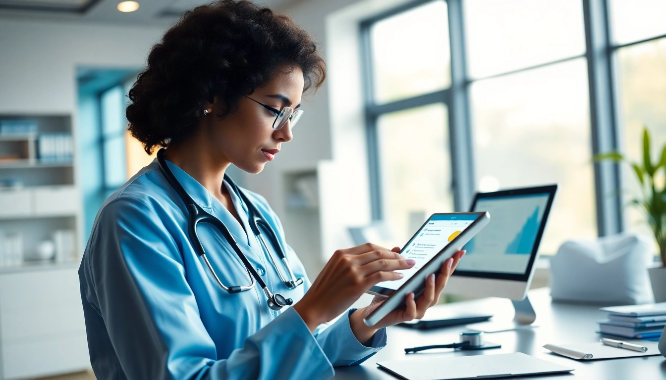 Analyzing eprescribing software reviews with a healthcare provider in a modern medical office.